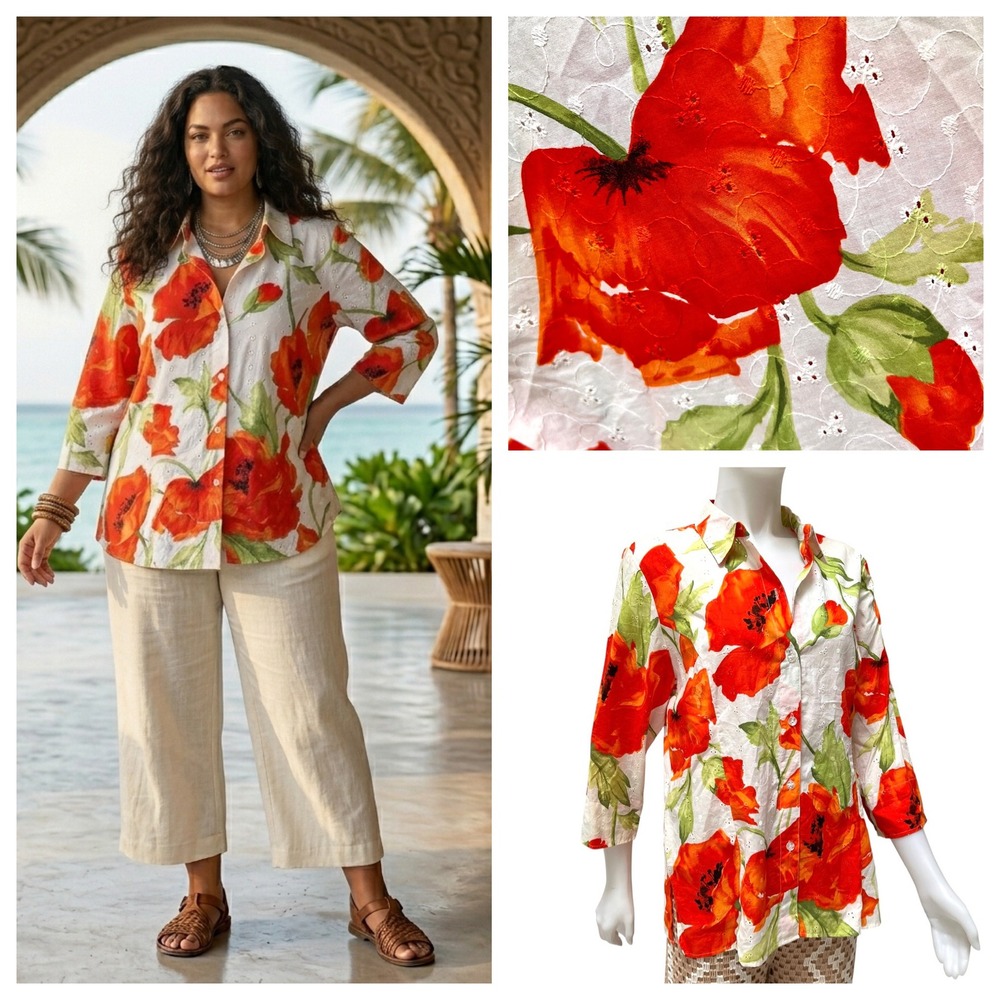 Floral Eyelet Women Shirt 16 Cotton Orange Poppy Coastal Grandma Cottagecore